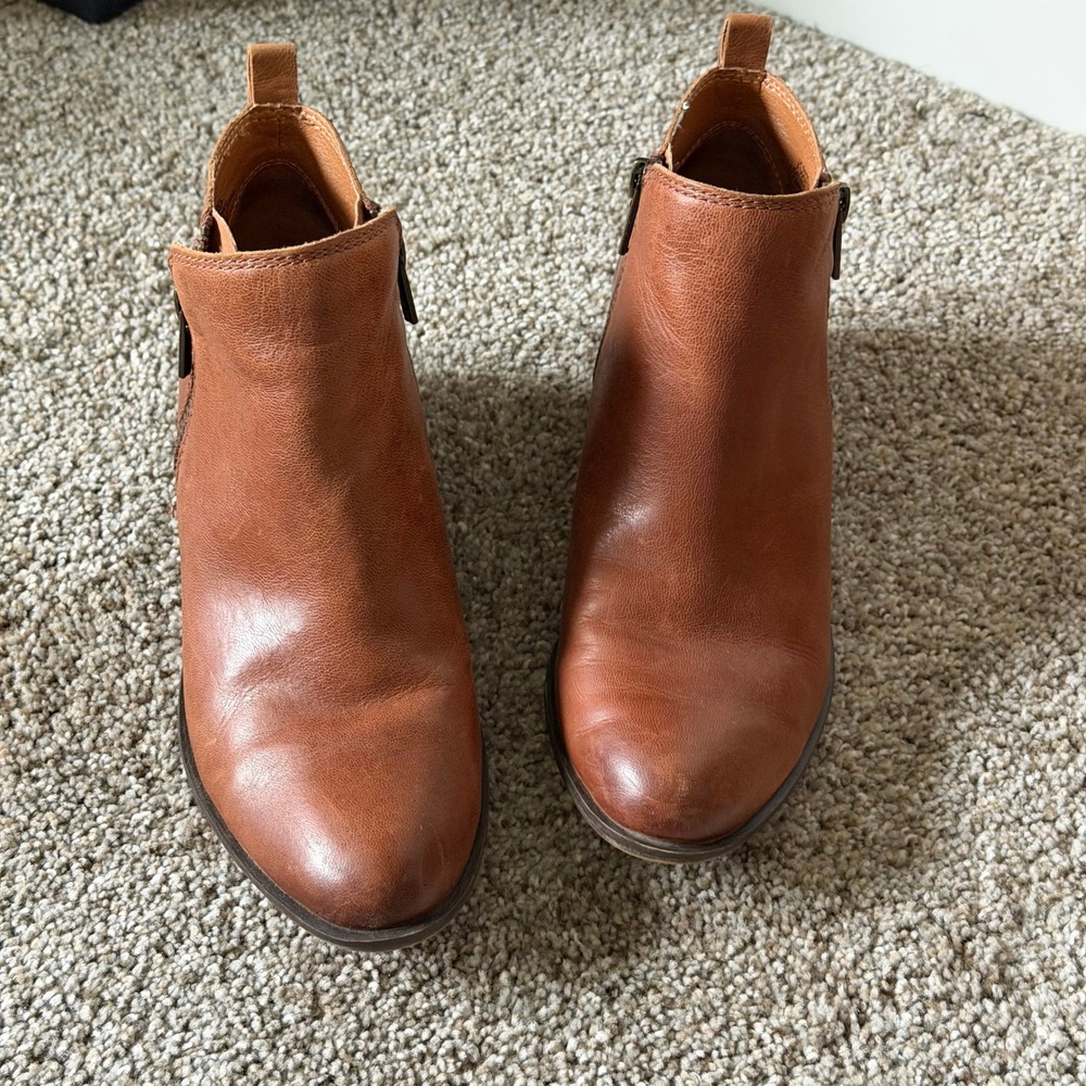 Lucky Brand Basel Cognac Brown Leather Ankle Booties Dual Zip Block Heel 7.5 M